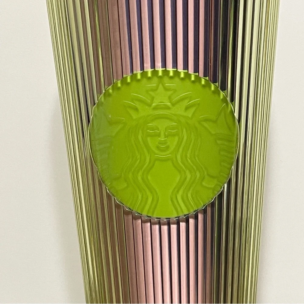 Starbucks Venti Tumbler Iridescent Green Siren Logo Cold Drinks with Straw NEW